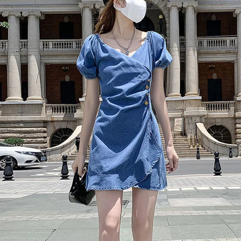 Hnewly  Summer Bodycon Denim Dress Woman Chic Meimaid Ruffle Knitted Dresses Ladies Casual V-Neck Bubble Sleeves Short Dress Mujer