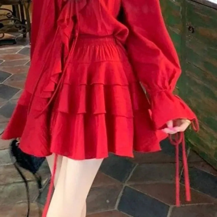 Hnewly DRESS TO IMPRESS Elegant V-neck Ruffles Long Sleeve Tops Women+ Y2k E-Girl High Waist Ruched A-line Skirts Spring New Red Two Piece Sets