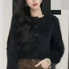 Hnewly  Flower Button Fuzzy Knit Sweater Cardigan Warm Fluffy Button-up Crop Sweater Jacket Knitwear Teen-girl Fall Winter Cute Outfit