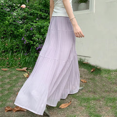 Hnewly  Purple Chiffon Long Skirts Women Summer Korean High Waist Pleated Skirt Woman Solid Color Patchwork Midi Skirts Female