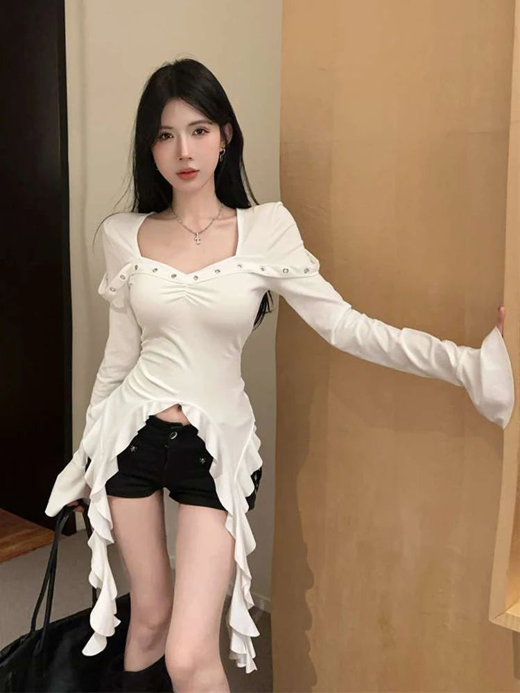 Hnewly Slim Cropped Ruffles T Shirt Women Long Sleeve Streetwear Retro Tops Casual Sexy Square Collar Female Korean Irregular Tees