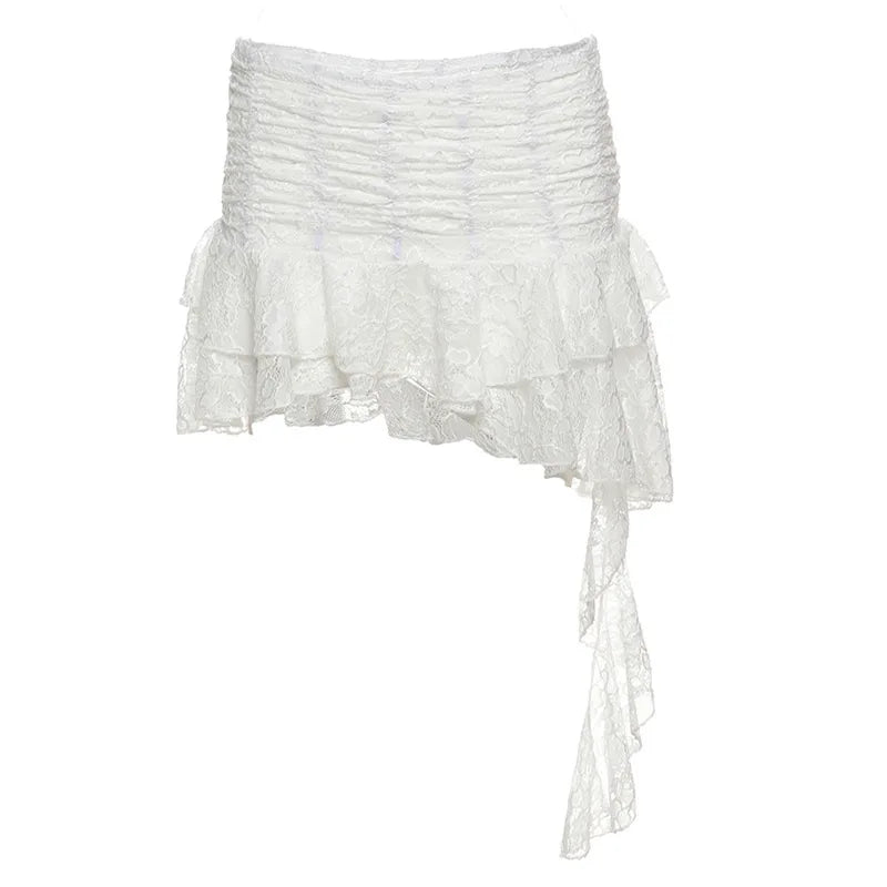 Hnewly Y2K Summer New Arrival Women's Lace Mesh Skirt with High Waist Slim Fit Solid Color Irregular Fashion Skirt