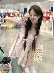 Hnewly  Sweet Pink Lace Patchwork Camisole Vest Y2k Loose Sleeveless Top for Women 2025 Summer New All-match Casual Tank Top