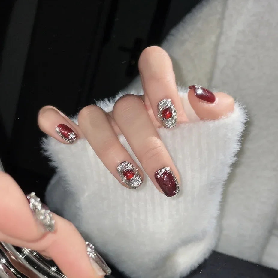Hnewly 10Pcs Handmade Press on Nails Full Cover Cat Eye Rhinestone Design Nude Color French Ballerina False Nails Manicure Nail Tips