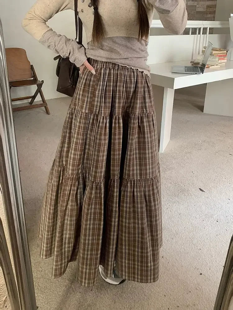 Hnewly Plaid Long Skirt Women Vintage Elegant Preppy Style Midi Skirts Harajuku Autumn Winter Casual Streetwear A-line Skirts