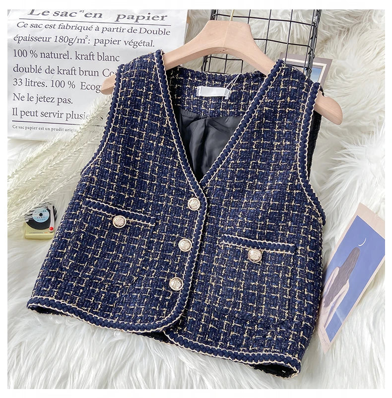 Hnewly  Women New Autumn Tweed Elegant Vintag Vest V-neck Sleeveless Slim Pockets Waistcoat Ladies Fashion Womens Short Small Vest