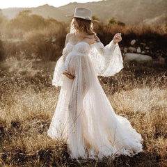 Hnewly  A Line Maternity Dresses for Photoshoot Off Shoulder Pregnant Women Robe Pearl Gowns Wedding Bridal Boudoir Sleepwear Bathrobe
