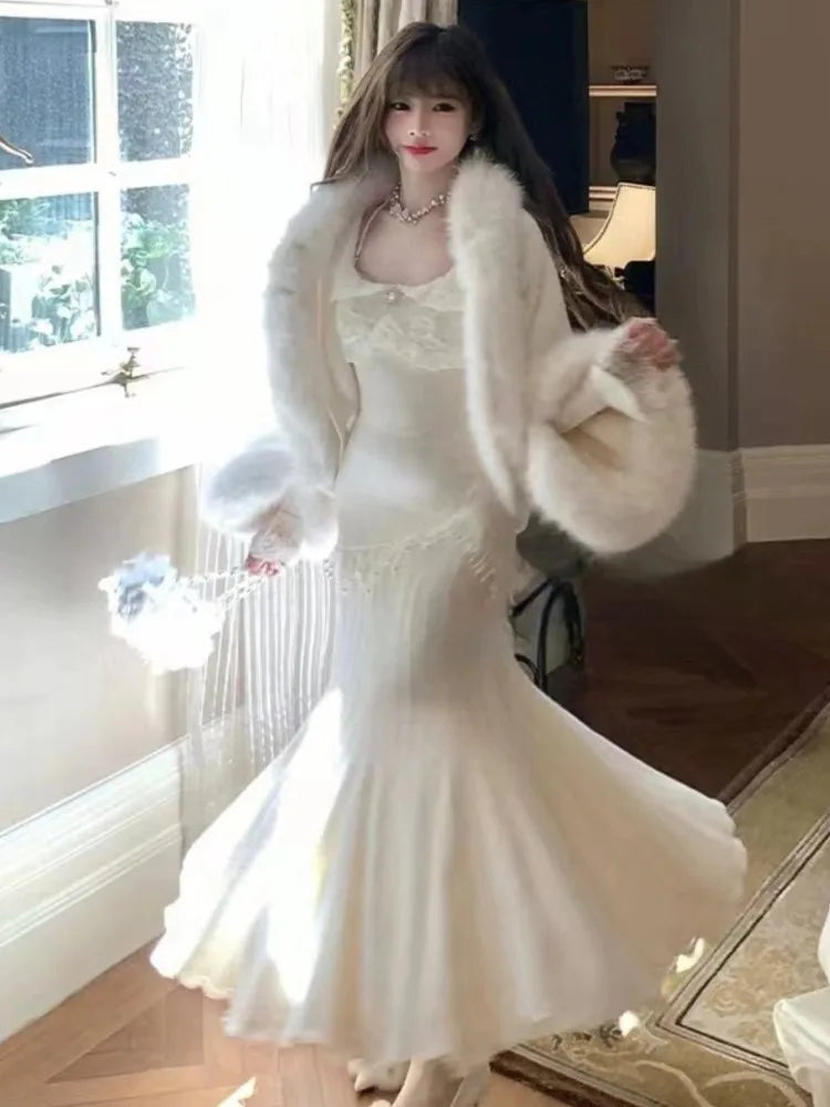 Hnewly Women Autumn Spring Elegant Lace Mermaid Dres Slim Waist  Vestidos Vintage Chic Evening Party Robe New