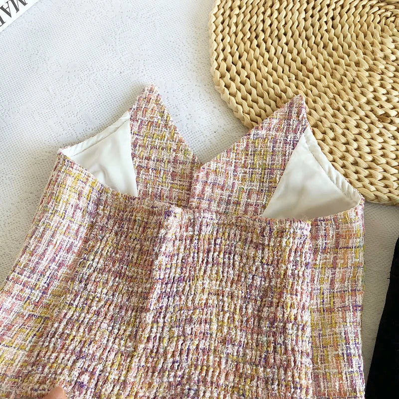 Hnewly  Retro Tweed Vest Elegant Off Shoulder Strapless Slim Irregular Short Top Women's Spring Summer Single Breasted Sleeveless Tank