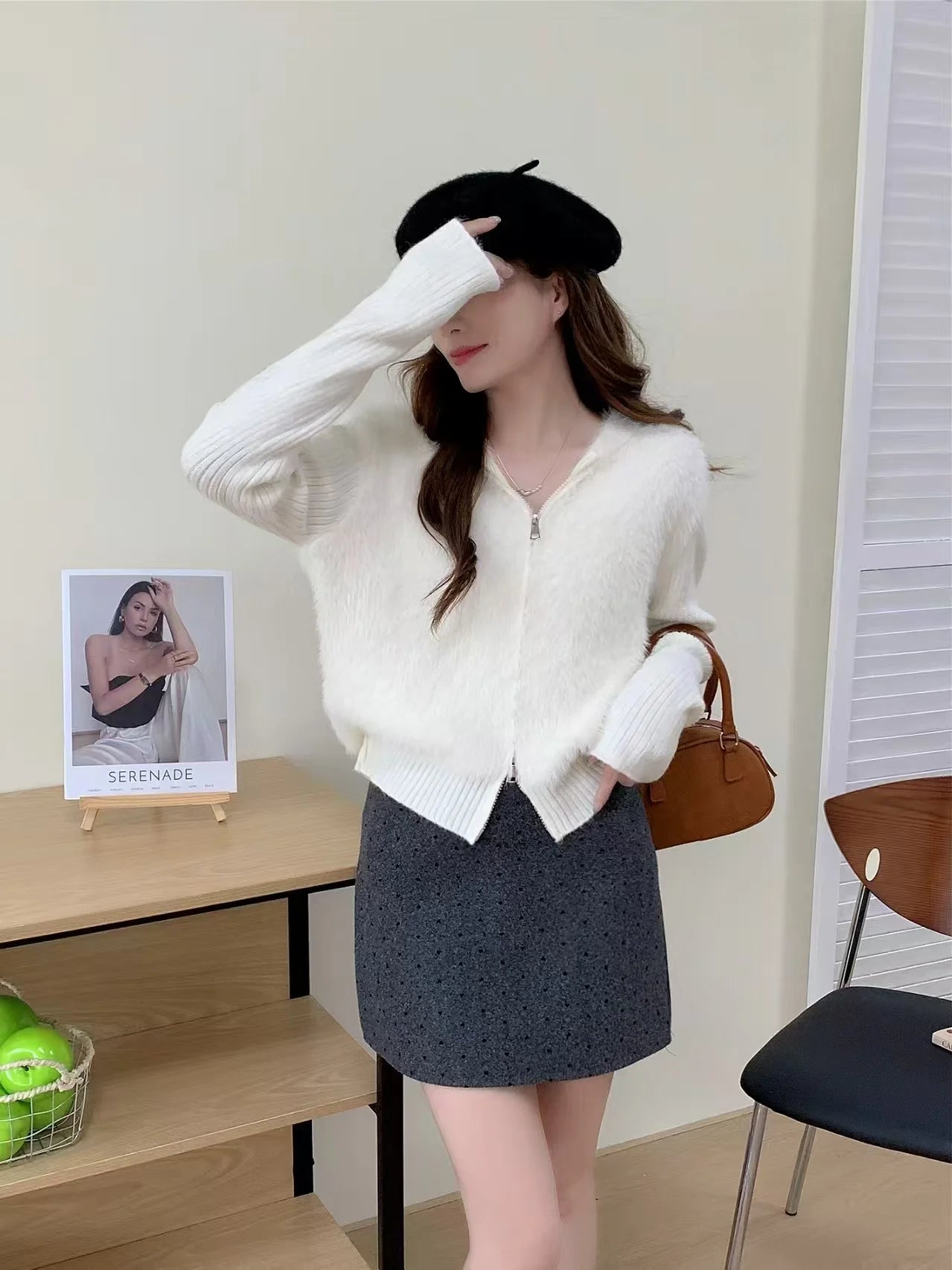 Hnewly  Fuzzy Sweater Hoodie Zip-Up Mohair-Knit Cardigan Women Long Sleeve Hooded Crop Top Knitwear Fall Winter Teen-girl Y2K Outfit
