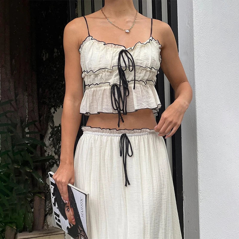 Hnewly Elegant Summer 2 Piece Set Y2K Aesthetic Lace One Line Neck Pleated Suspended Tank Top and Loose Beach Long Skirt Suit