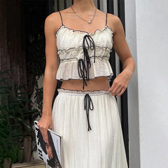 Hnewly Elegant Summer 2 Piece Set Y2K Aesthetic Lace One Line Neck Pleated Suspended Tank Top and Loose Beach Long Skirt Suit