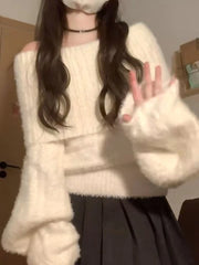 Hnewly  Korean Temperament Grunge Solid Sweaters Slash Neck Off Shoulder Warm Knitwear Winter Loose Fashion Chic Pullovers Y2k Aesthetic