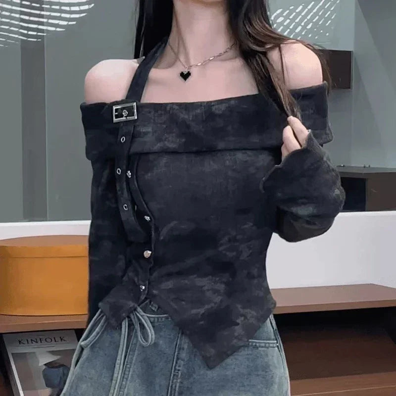 Hnewly Y2K Sexy Slash Neck T Shirt for Women Korean Elegant Off Shoulder Irregular Female Tops Fashion Tie Dye Long Sleeve Pullovers