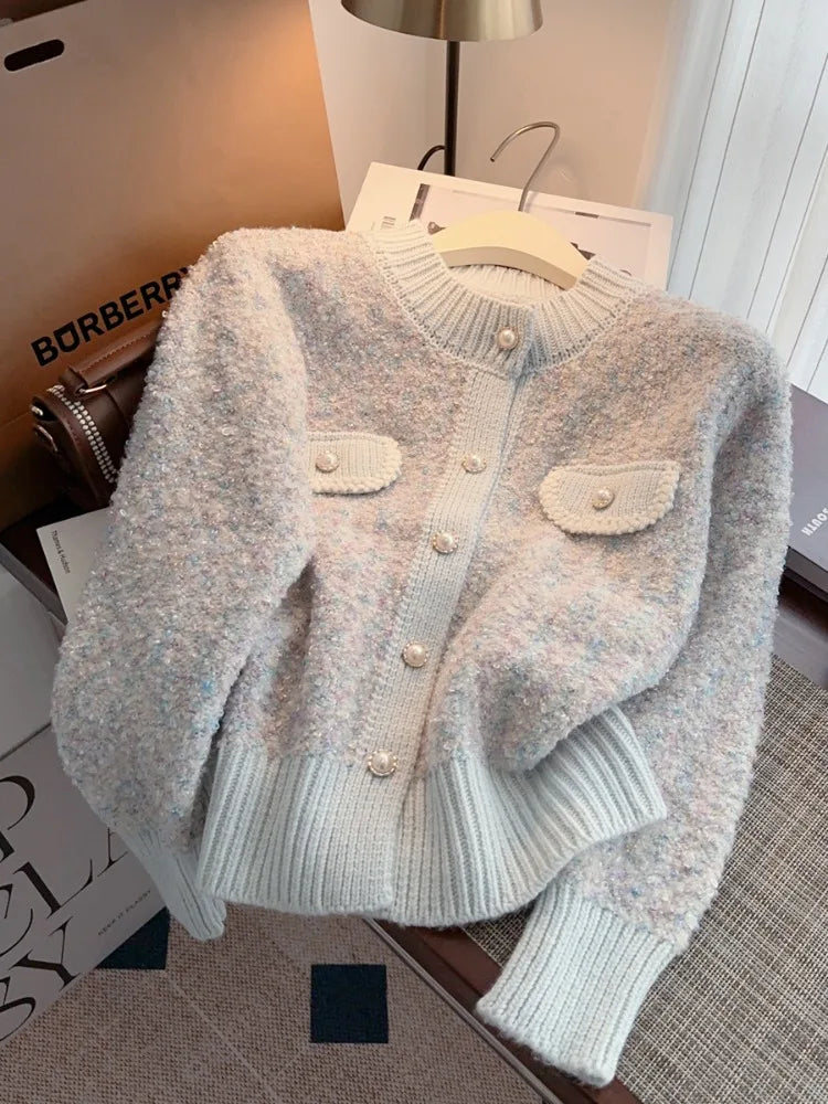 Hnewly  Luxury Pearl Button Sweater Women O-Neck Long Sleeve Cardigan Coat  Single Breasted Warm Jacket Casual All-Matched Knitwear Top