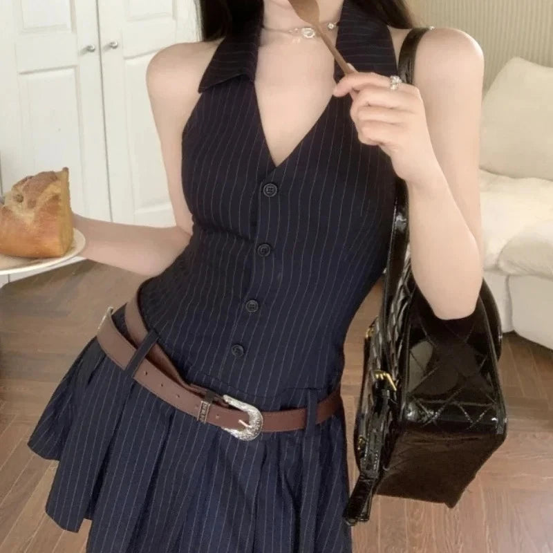 Hnewly  Sexy Korean Style Striped Mini Dresses Women Y2k Backless One Piece Short Dress Hotsweet Streetwear Sleeveless Dress