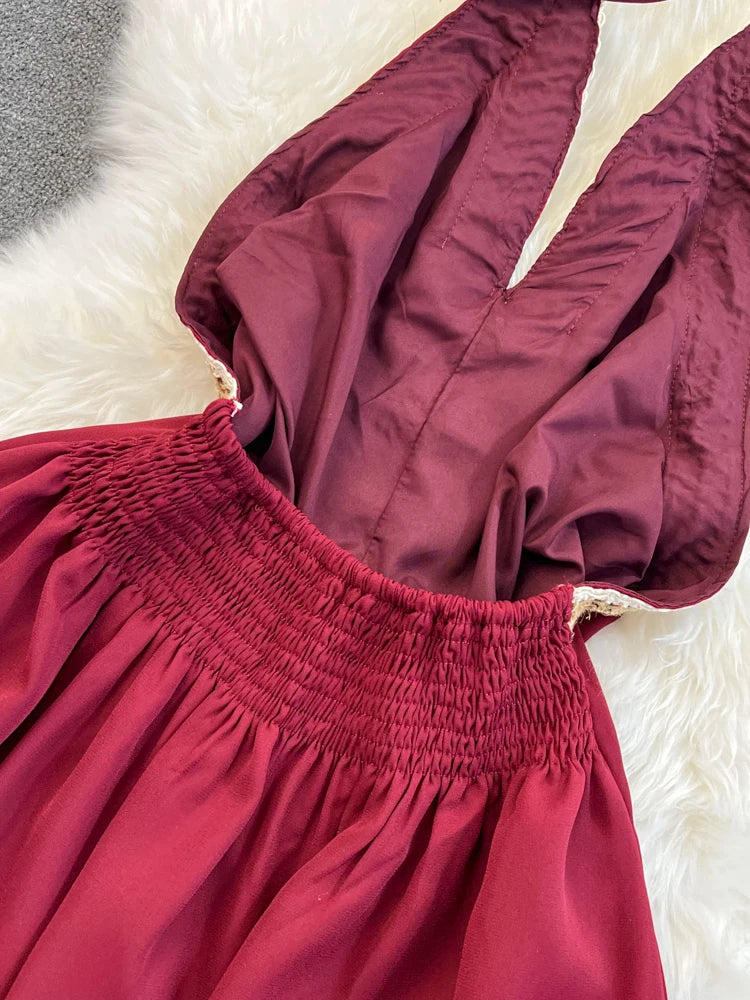 Hnewly  Temperament Hanging Neck Dress Elegant Hollow Out Backless Slit A-line Large Hem Dress Women's Beach Vacation Long Dress