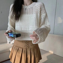 Hnewly  Long Sleeve Pointelle Knit Top Women Sheer Openwork Boxy-fit Crew Neck Pullovers Sweater Female Teen-girl Boho Vacation Outfit