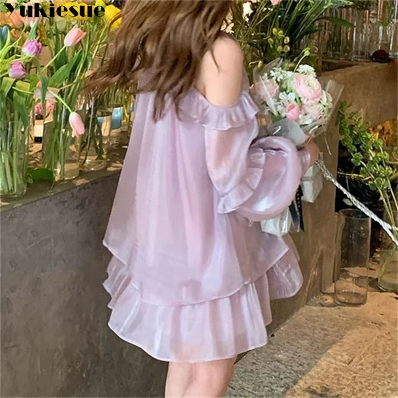 Hnewly DRESS TO IMPRESS Women Chiffon Dresses Summer New French Style  Solid Fashion Sexy Off-the-shoulder Long Puff Sleeve Ruffles Simple Dress
