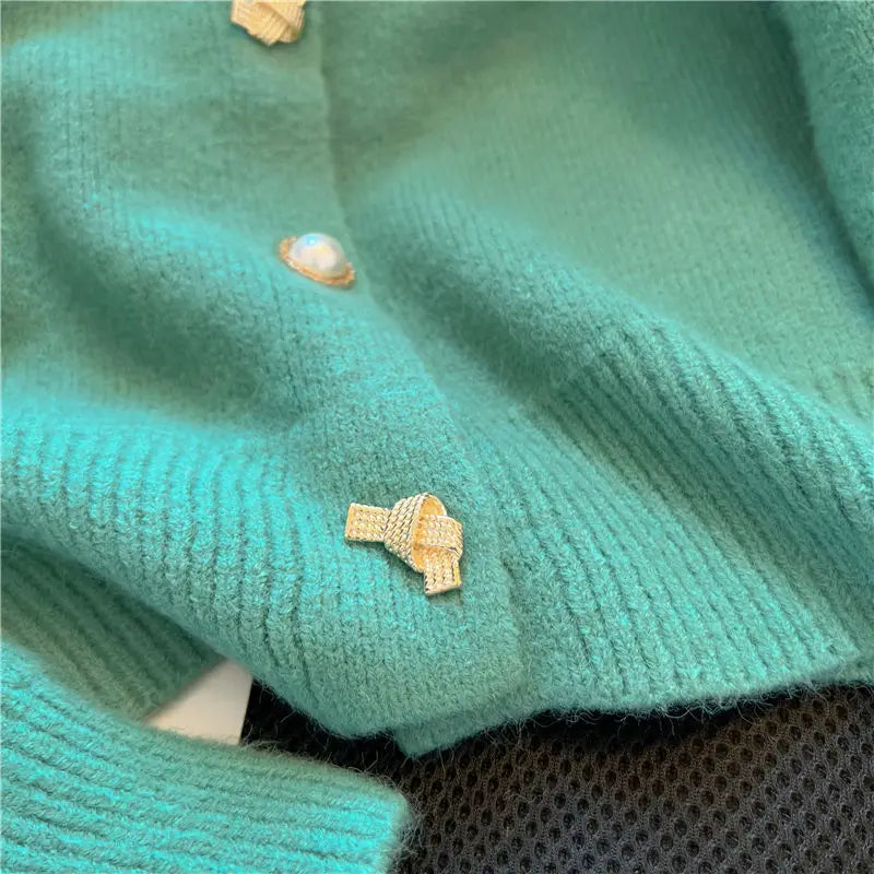 Hnewly  Elegant Metal Button Sweater Solid Long Sleeve Korean  O-Neck Puff Sleeve Knit Cardigan Coat Women Spring  Autumn Loose Top