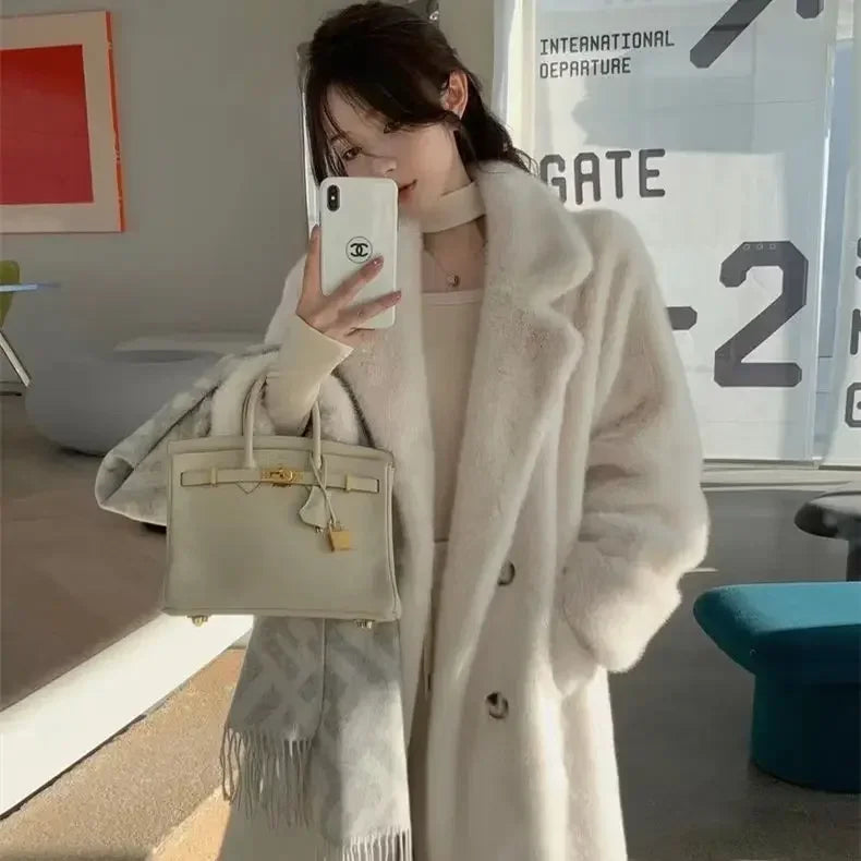 Hnewly Fashion Autumn/Winter Thick Suit Collar Imitation Mink Fur One Piece Fur Eco Friendly Furs Long Coat Women Jacket Winter Clothes