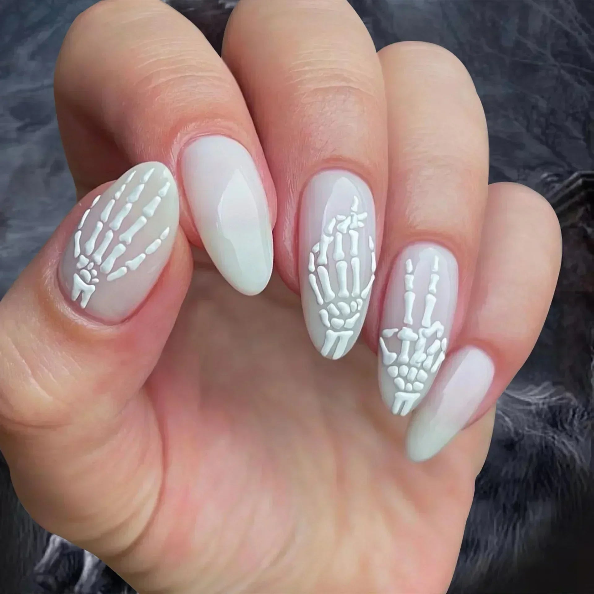 Hnewly 24Pcs White Almond False Nails Ballet with French Design Wearable Fake Nails Gradient Simple Full Cover Press on Nail Tips Art