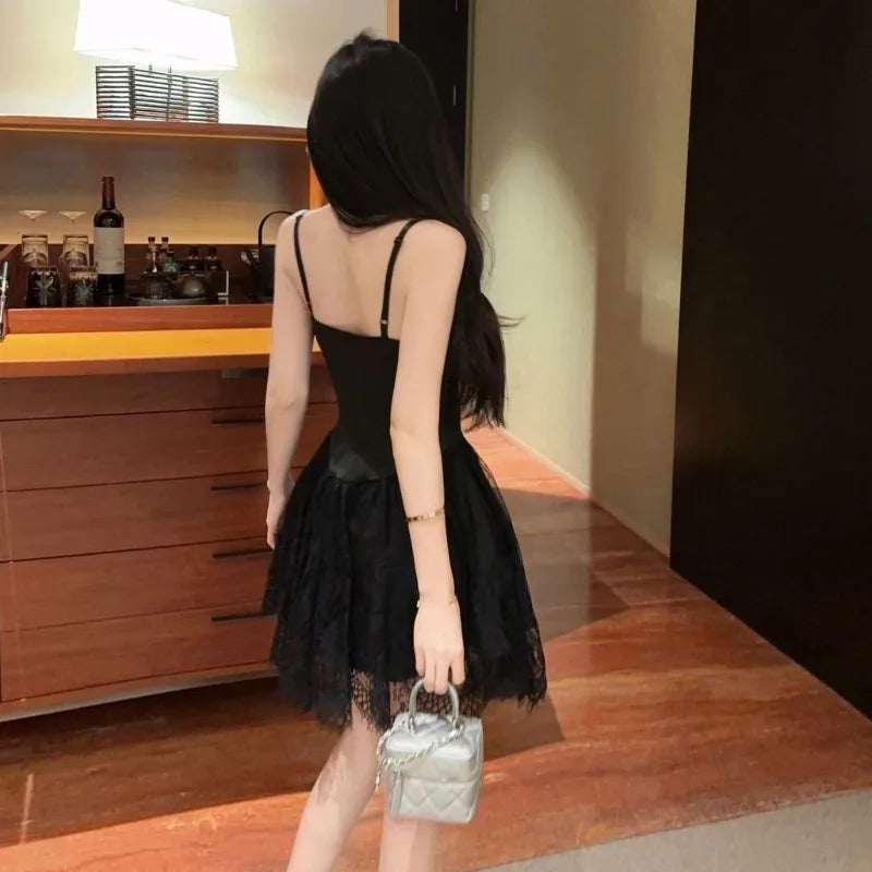 Hnewly  Woman Dress Bandage Sleeveless Slim Lace Patchwork Mesh Ribbon Backless Sweet Elegant Party Mini Dresses Female