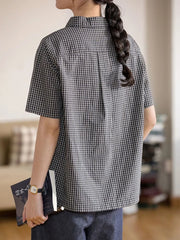 Hnewly Japan Plaid Shirt Women Vintage Causal Short Sleeve Simple Blouse Preppy Style Retro Loose Female Summer Cute All Match Top