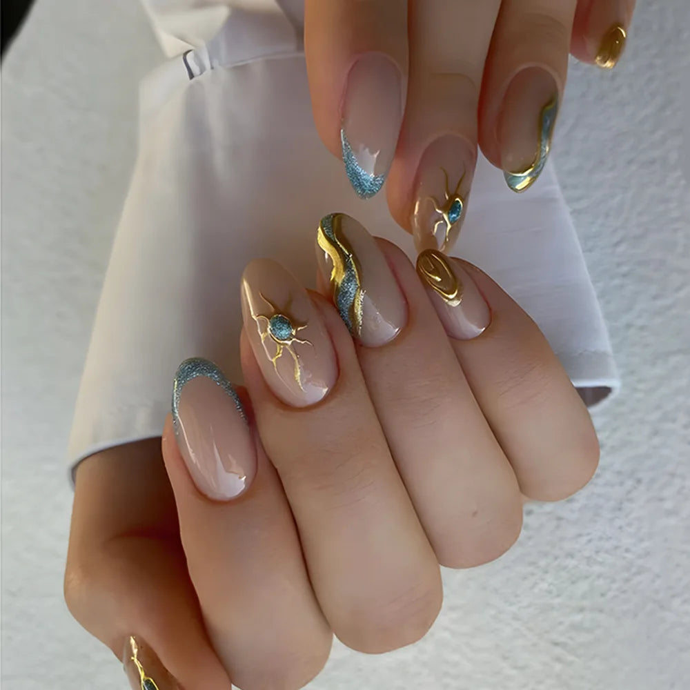 Hnewly 24Pcs Golden French Fake Nail with Almond Head Design Simple Oval False Nails Wearable Press on Nails Full Cover Nail Tips