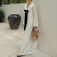 Hnewly  Bow V-Neck Printed Polka Dots Dress Women's Fashion Long Sleeves Loose Leisure Long Dress Autumn Grace Commuting Dress