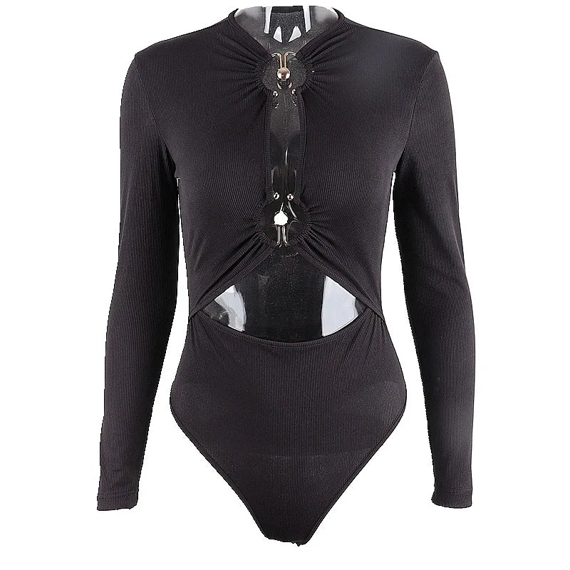 Hnewly Sexy Hollow Out Long Sleeve Bodysuit Metal Ring Connection Fashion Folds Women Bodice Black Bodycon Party Clubwear Top