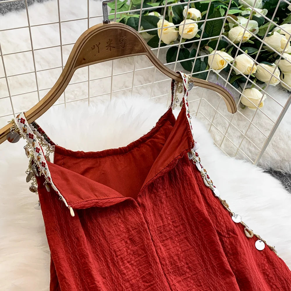Hnewly  Bohemian Vacation Style Red Dress Design Sense Tassel Irregular Loose Dresses French Style High-end  Sleeveless Long Dress