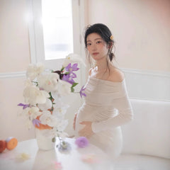 Hnewly  Women Maternity Dress for Photoshoot White Elegant Off-shoulder Long Sleeves Dresses for Lady Studio Shooting Pregancy Clothing