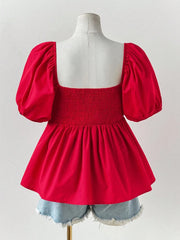 Hnewly  Plus Size Women's Pleated Deep V-Neck Red Casual Elegant Short-Sleeved Top Solid Colour Girlish Casual Casual Resort Wear