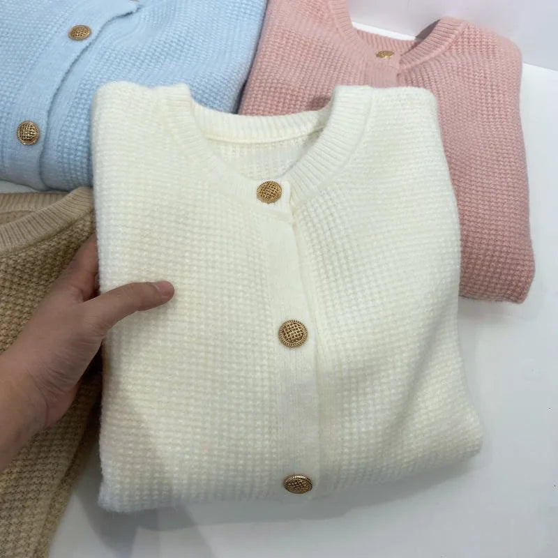 Hnewly  Autumn Winter Sweet Sweater Simple O-Neck Solid Short  Office Lady Cardigan Coat Metal Single Breasted Long Sleeved Outwear