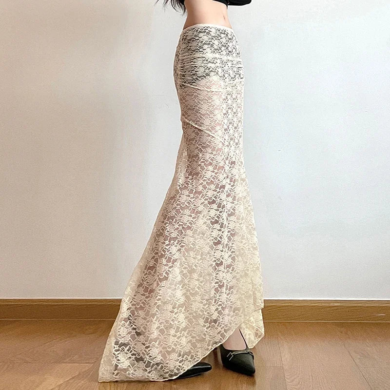 Hnewly Y2K Vintage Lace Long Skirt Women Aesthetic Fairy Stylish High Street Maxi Skirts 2024 Summer Outfits Sexy Ladies Beach Style