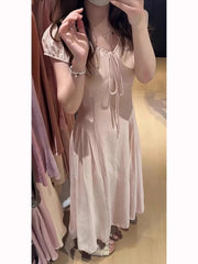 Hnewly  Summer Vacation Style Pink Long V-Neck Waist-Cinched Short Sleeve Women's Dress Retro Loose Slimming A-Line Skirt