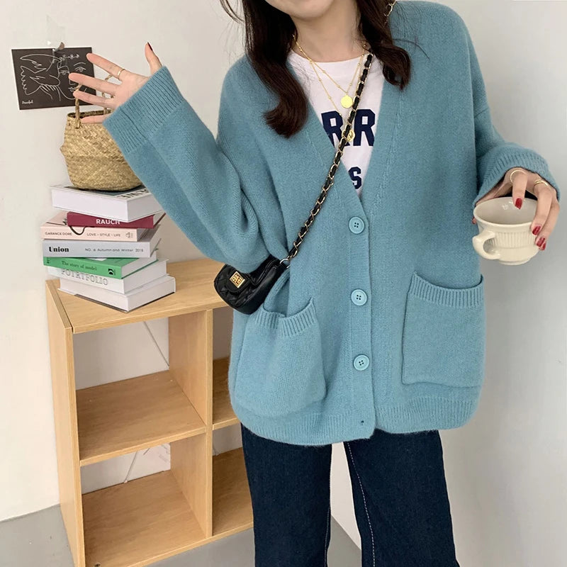 Hnewly Women Cardigan Sweater y2k Clothes Solid Color V Neck Single Breasted Long Sleeve Knitted Tops with Pockets Streetwear