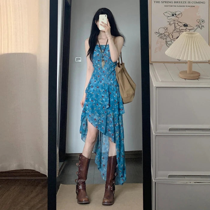 Hnewly  Summer Vacation Floral Print Off-Shoulder A-Line Dress Women's Irregular Hemline Slimming Long Dress Korean Style Casual Wear