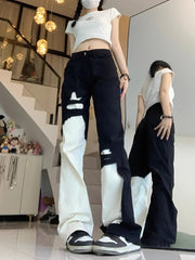 Hnewly  Trend Street Black White Denim Pants Women Y2k E-Girl High Waist Irregular Trousers Summer Loose Straight Wide Leg  Jeans