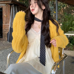 Hnewly  Open Knit Cardigan for Women Long Sleeve V-neck Button Up Sweater Jacket Autumn Winter Ladies Slouchy Casual Outfit