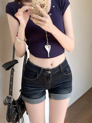Lunivop  plus Size American Style Sexy Short Jeans High Waist Hot Pants Women's Deep Blue Cuffed Shorts Summer Wear Resistant Stretch