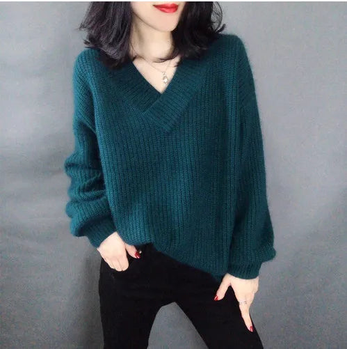 Hnewly  Fuzzy Knit V-neck Sweater Women Cozy Long Sleeve Plain Jumper Pullovers Women Warm Soft Knitwear Autumn Winter Basic Outfit