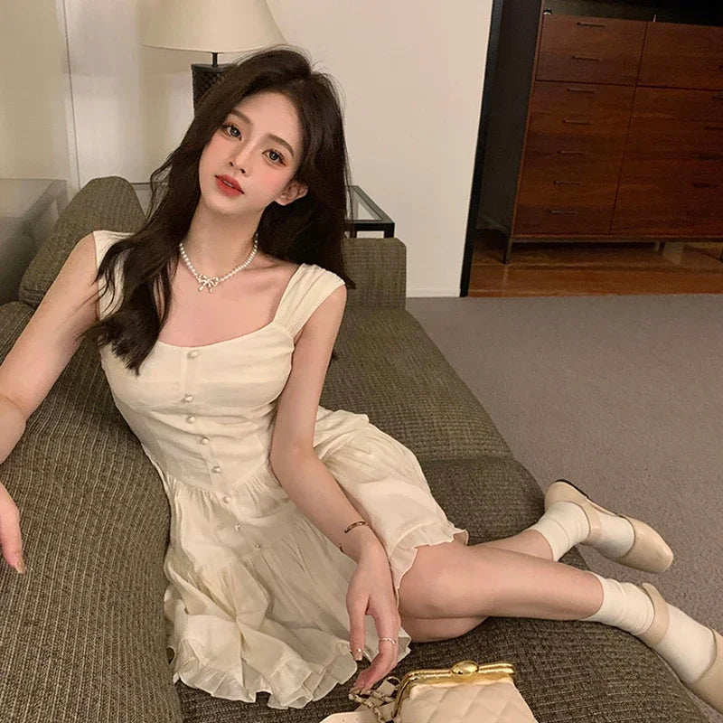 Hnewly DRESS TO IMPRESS Women Beige Dress Sexy Sweet Elegant Backless Ruffle Edge Mini Skirt Fashion Square Collar Lady Pleated Short Dresses Summer