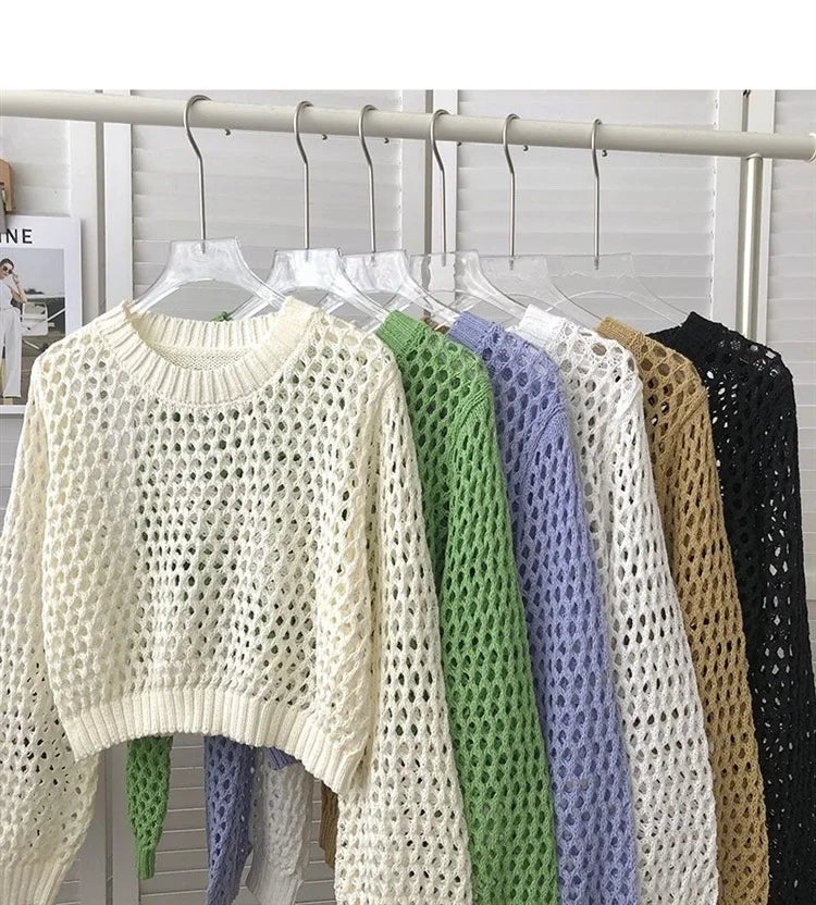 Hnewly Hollow Sun Protection Shirt Women's Summer Loose Pullover O-Neck Puff Long Sleeve Air Conditioning Knitwear Korean Retro Top