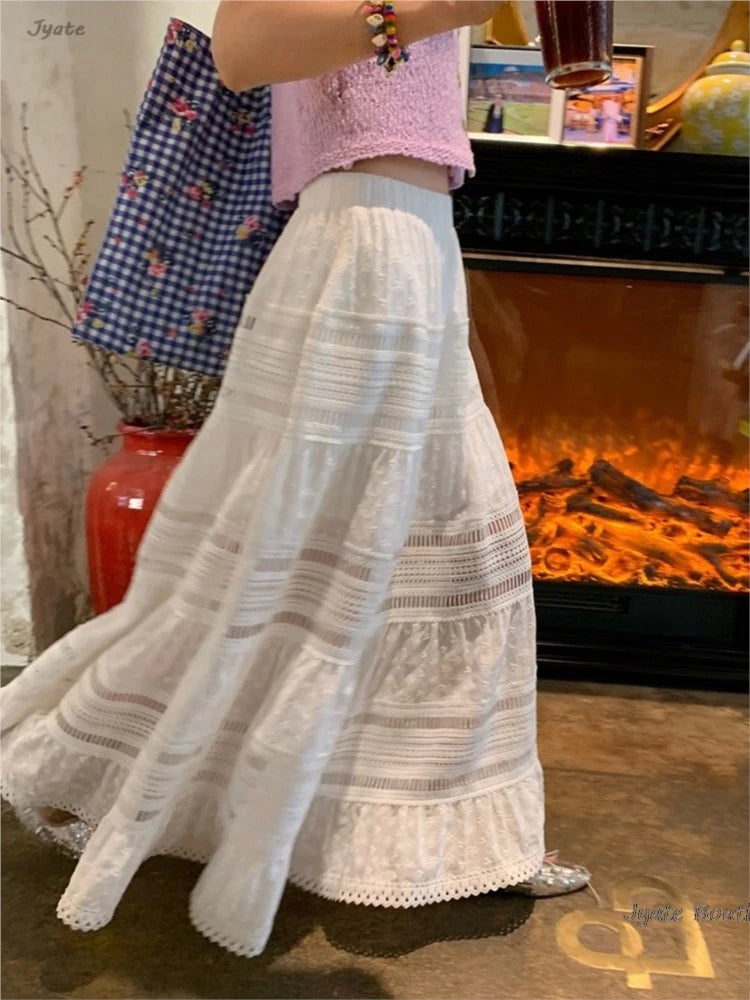 Hnewly   Hollow Lace Spliced White Long Skirt 2025 Spring Summer New Elastic Waist Cotton A-line Vacation Beach Boho Skirt