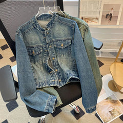 Hnewly  Fashion Denim Jacket Loose Casual Retro Jeans Short Coat Women's Spring Autumn Elegant Korean Standing Collar Long Sleeve Top