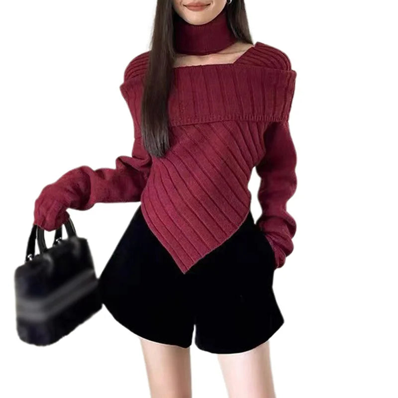 Hnewly Sweater y2k Clothes Women Coquette Off Shoulder Long Sleeve Irregular Hem Knitted Halter Tops 2000s Clothing Streetwear