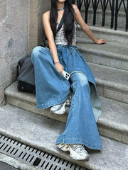 Hnewly Women's Irregular Splicing Fake Two Flared Jeans Casual Streetwear High Waist Cowboy Trouser Female Wide-leg Denim Pants