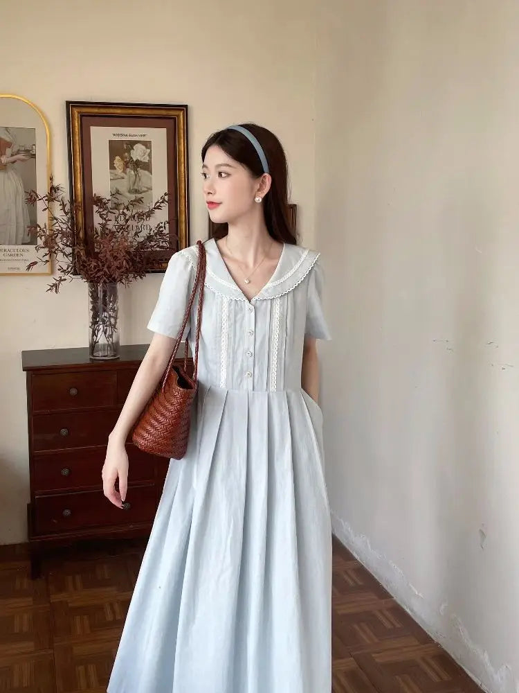 Hnewly  Women Dresses Elegant Peter Pan Collar Lace Patchwork Preppy Style Short Sleeve Summer Fashion French Style Female Dress